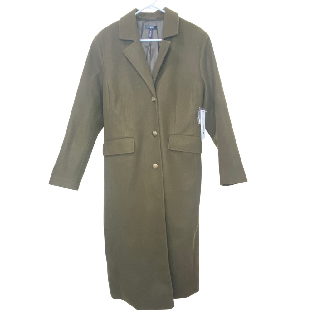 AQUA Womens Olive Green Longline Button Front Peacoat Coat Crest Buttons L NWT